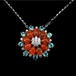 925 Sterling Silver Necklace 18" with Natural Orange Opal 4x3mm & Apatite Gems